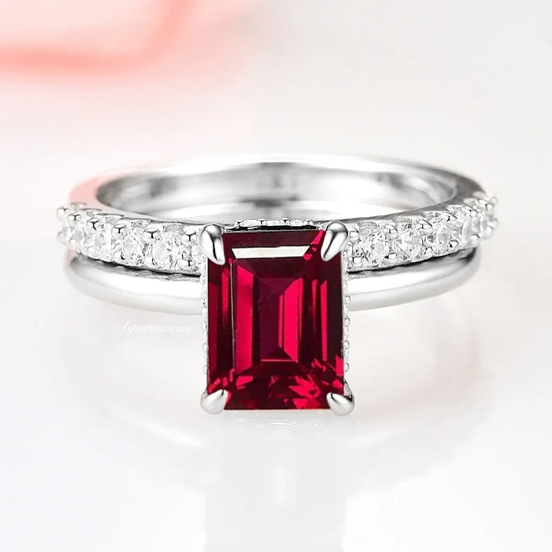 Ladies wedding rings for tech unions -Raspberry Tourmaline Ring Set- Red Gemstone Bridal Engagement Rings