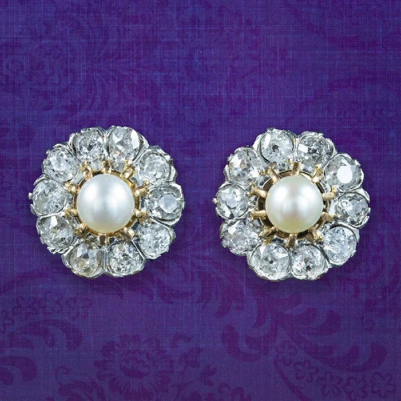 Ladies earrings sleek elegance -Antique Edwardian Flower Pearl and Diamond Stud Earrings with 2ct Of Diamond