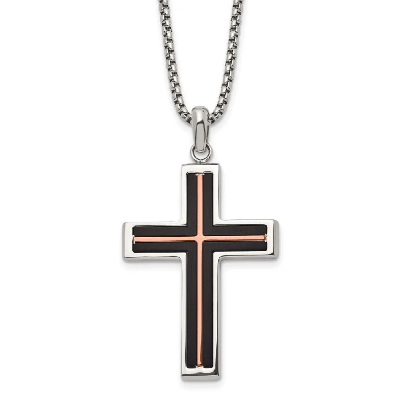 ladies-crystal-rose-gold-necklaces-Stainless Steel Black & Rose Tone Plated Cross Necklace, 24 Inch