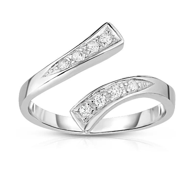 Ladies rings with crescent designs -Silver Graduated Bypass CZ Toe Ring