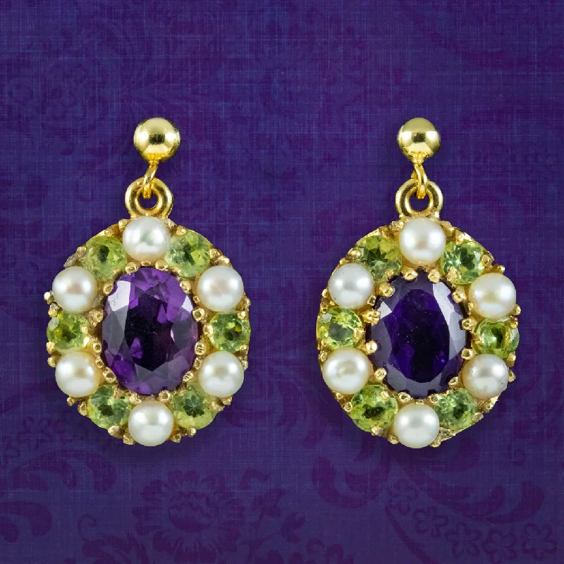 Ladies earrings trendy shine -Edwardian Suffragette Style Drop Earrings Amethyst Peridot Pearl