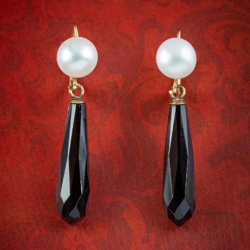 Ladies earrings organic shine -Vintage Pearl French Jet Drop Earrings 14ct Gold