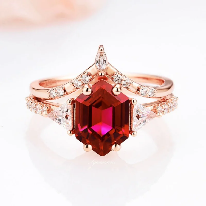 Ladies wedding rings for legal unions -Hexagon Ruby Ring Set For Women- 14K Rose Gold Vermeil Gemstone Engagement Ring Dainty Promise Ring