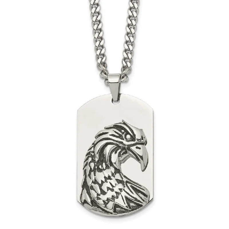 ladies-custom-figaro-chain-necklaces-Mens Stainless Steel Antiqued & Polished Eagle Dog Tag Necklace, 22 In