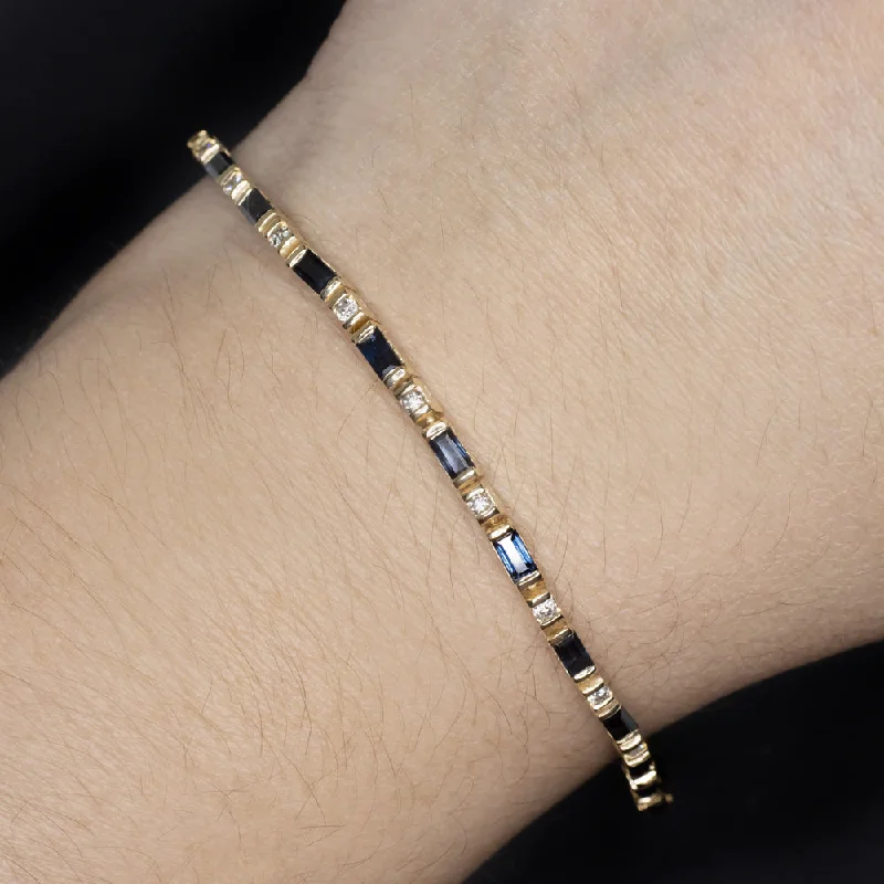 ladies-star-hinged-bangle-bracelets-SAPPHIRE DIAMOND TENNIS BRACELET 3.76ct NATURAL BLUE BAGUETTE 14k YELLOW GOLD