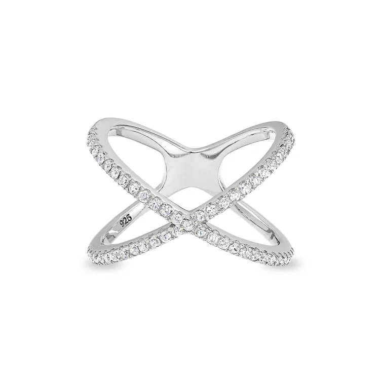 Ladies rings stretchable bands -Platinum Finish Sterling Silver Micropave Criss-Cross Ring with Simulated Diamonds