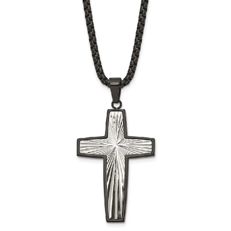 ladies-gift-box-chain-necklaces-Black Plated Stainless Steel Polished Starburst Cross Necklace, 24 In