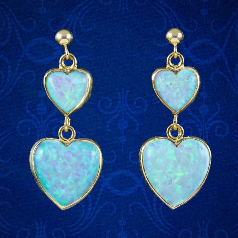 Ladies earrings retro shine -Victorian Style Opal Heart Drop Earrings 9ct Gold 7ct Opal