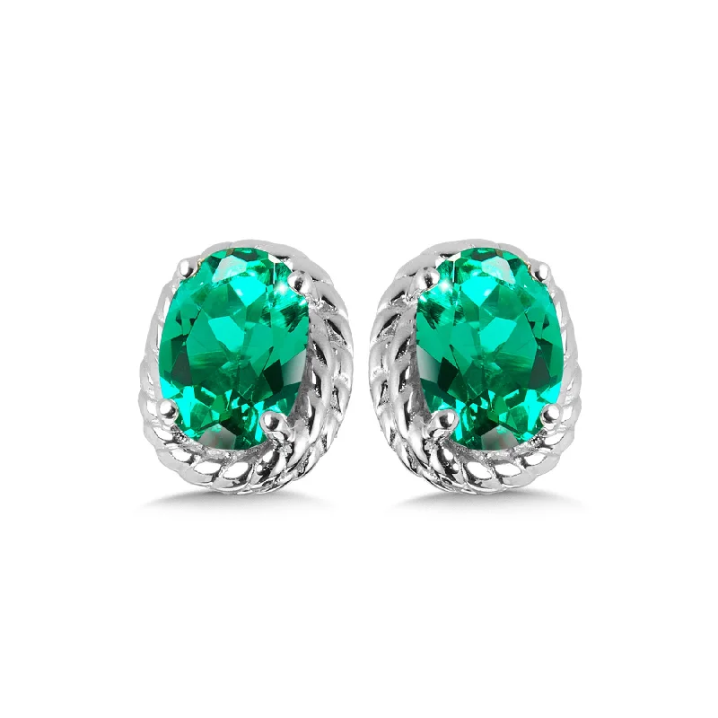 Ladies earrings with bark studs -Created Emerald Stud Earrings in Silver