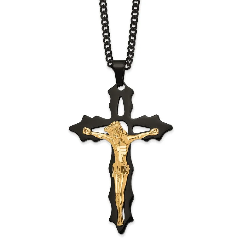 ladies-modern-y-drop-necklaces-Stainless Steel Black & Gold Tone Plated XL Crucifix Necklace, 24 Inch