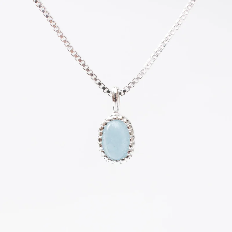 ladies-vintage-curb-chain-necklaces-Silver Milgrain Edge Oval Aquamarine Necklace