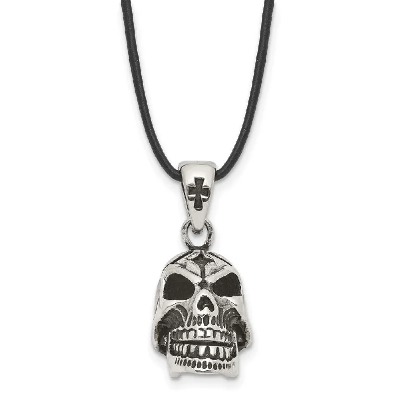 ladies-curb-chain-diamond-necklaces-Stainless Steel & Leather Cord 3D Moveable Skull Necklace, 20 Inch