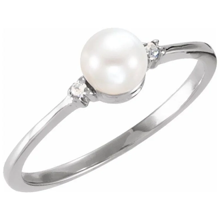 Ladies rings with ridge shine -Sterling Silver Cultured White Freshwater Pearl & .025 CTW Natural Diamond Ring