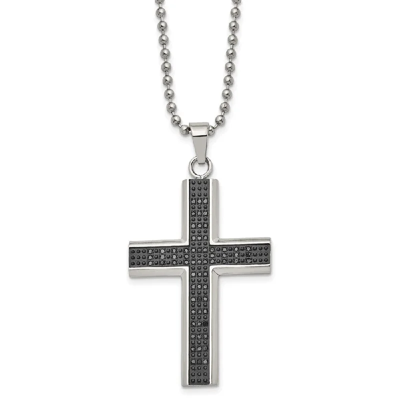 ladies-silver-curb-chain-necklaces-Stainless Steel Black Rhodium Black Diamond Cross Necklace, 24 Inch