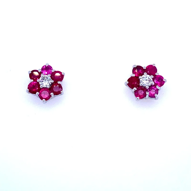 Ladies earrings with prism shine -Vintage Ruby Diamond Gold Cluster Stud Earrings