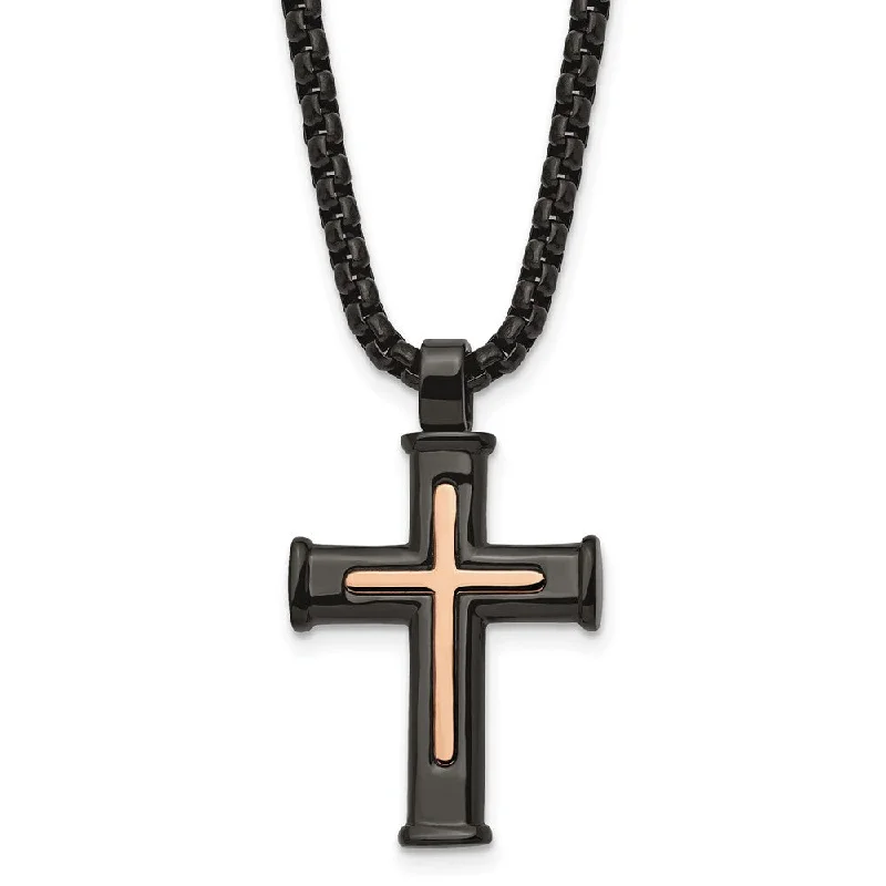 ladies-heart-locket-pearl-necklaces-Mens Black & Rose Tone Plated Stainless Steel Cross Necklace, 24 Inch