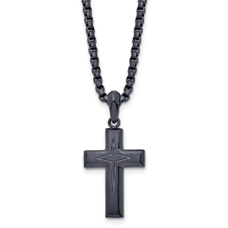 ladies-minimalist-silver-necklaces-Dark Gray Plated Stainless Steel Small Cross Necklace, 24 Inch