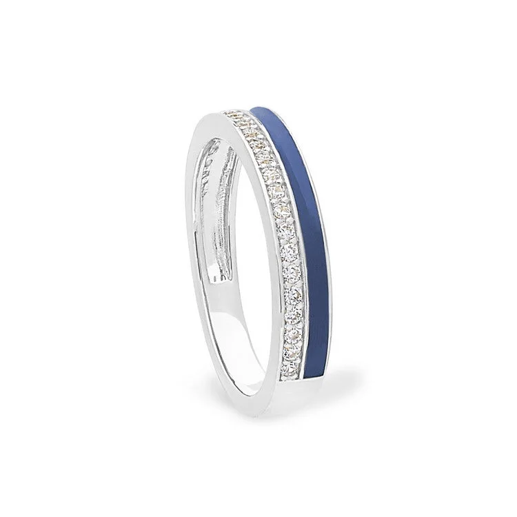 Ladies rings for grad vibes -Platinum Finish Sterling Silver Micropave Ring with with Navy Enamel and Simulated Diamondss