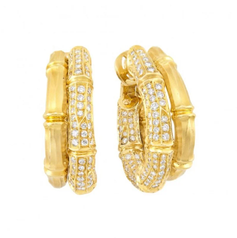 Ladies earrings fade-proof metal -Cartier Bamboo Diamond 18k Gold Double Hoops Vintage Earrings Original Box