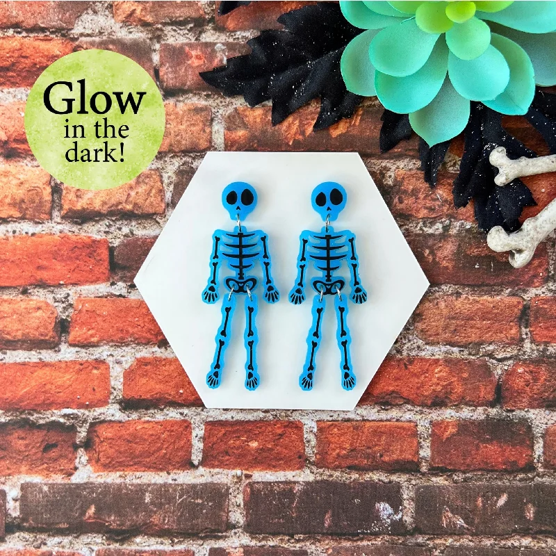 Ladies earrings with dawn opal -Blue Skeleton Dangle Earrings (Glow in the dark!)