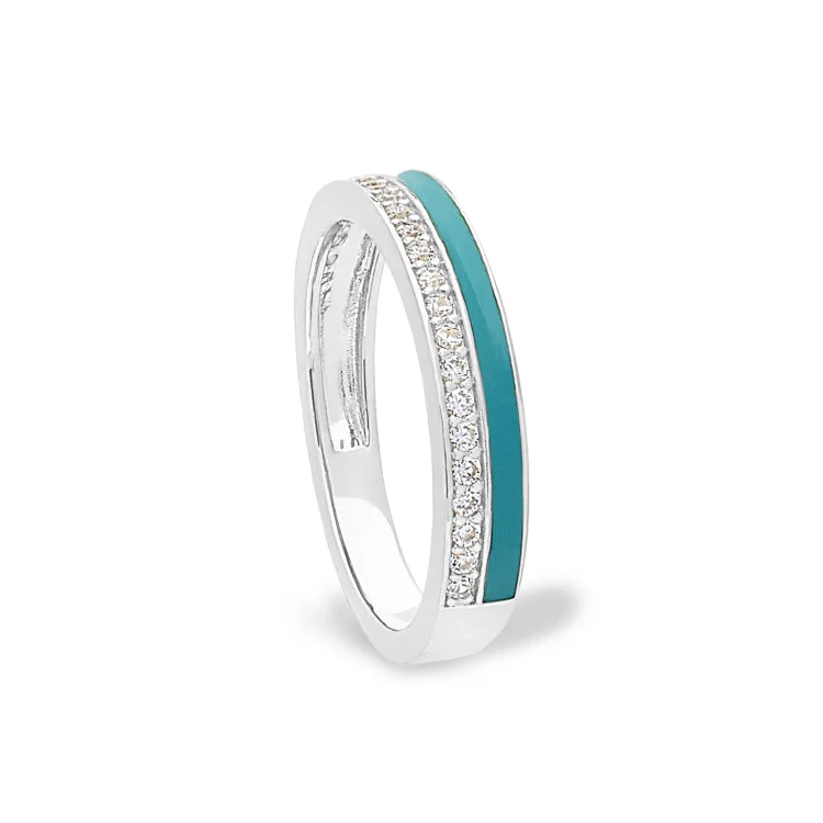 Ladies rings with sly shine -Platinum Finish Sterling Silver Micropave Ring with with Turquoise Enamel and Simulated Diamondss