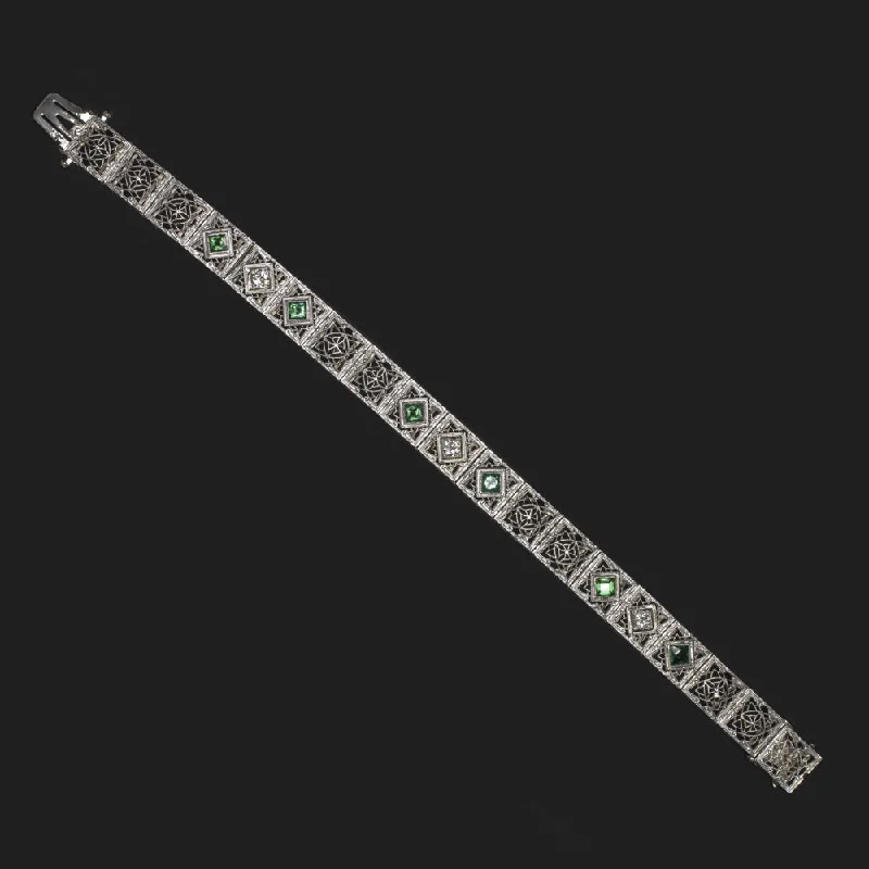 ladies-party-adjustable-cuff-bracelets-ART DECO DIAMOND EMERALD BRACELET PLATINUM 14k WHITE GOLD FILIGREE VINTAGE 20s