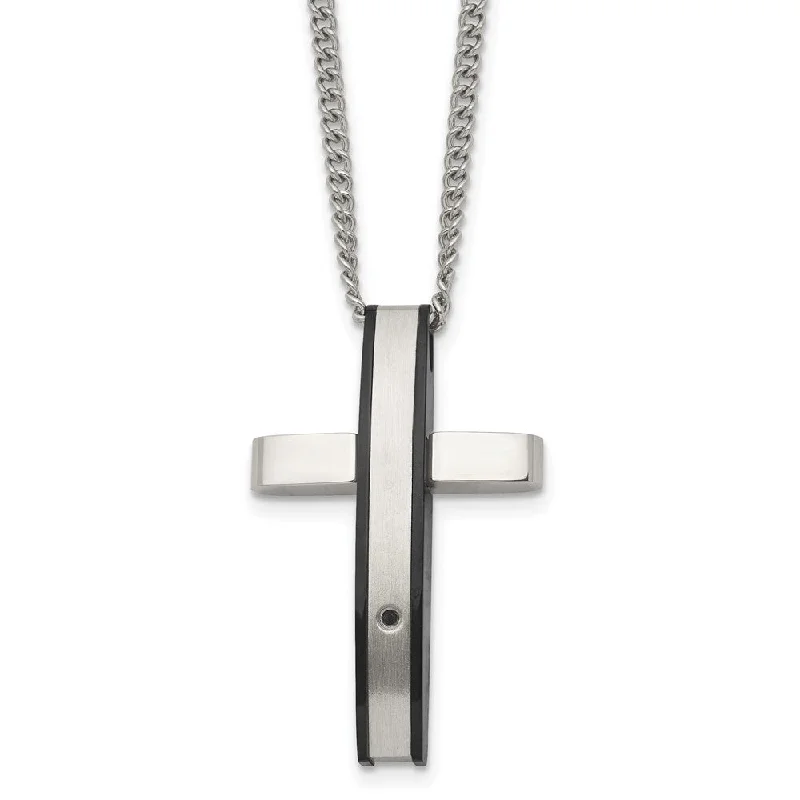 ladies-trendy-bar-pendant-necklaces-Stainless Steel .01ct Black Diamond Convex Cross Necklace, 24 Inch