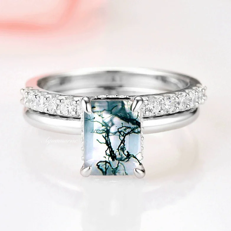 Ladies wedding rings cool brilliance -Hidden Halo Moss Agate Engagement Ring Set- Sterling Silver