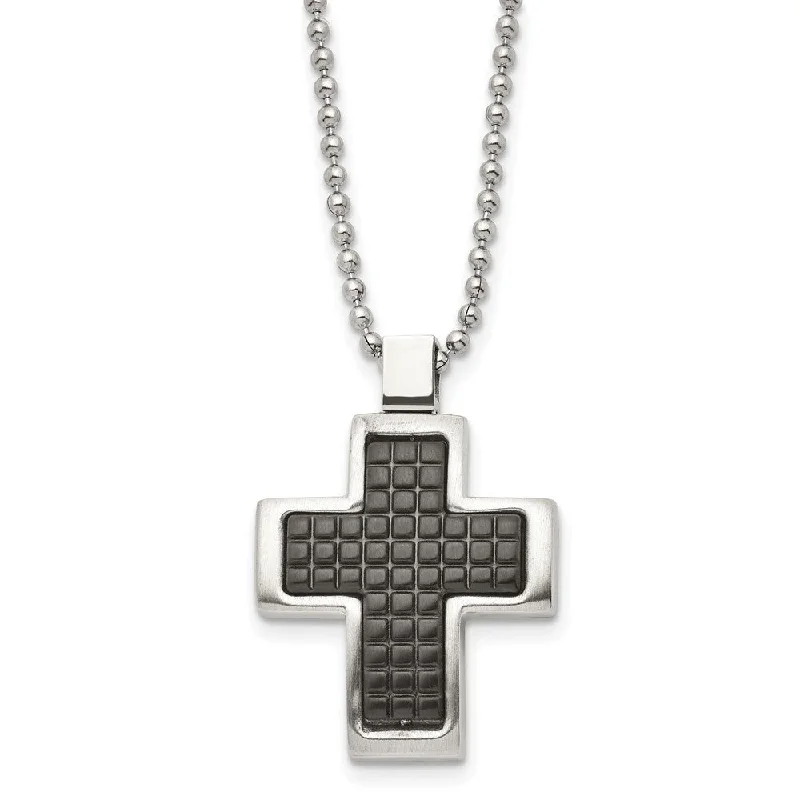 ladies-modern-y-drop-necklaces-Stainless Steel Two Tone Brushed Polished Convex Cross Necklace, 22 In