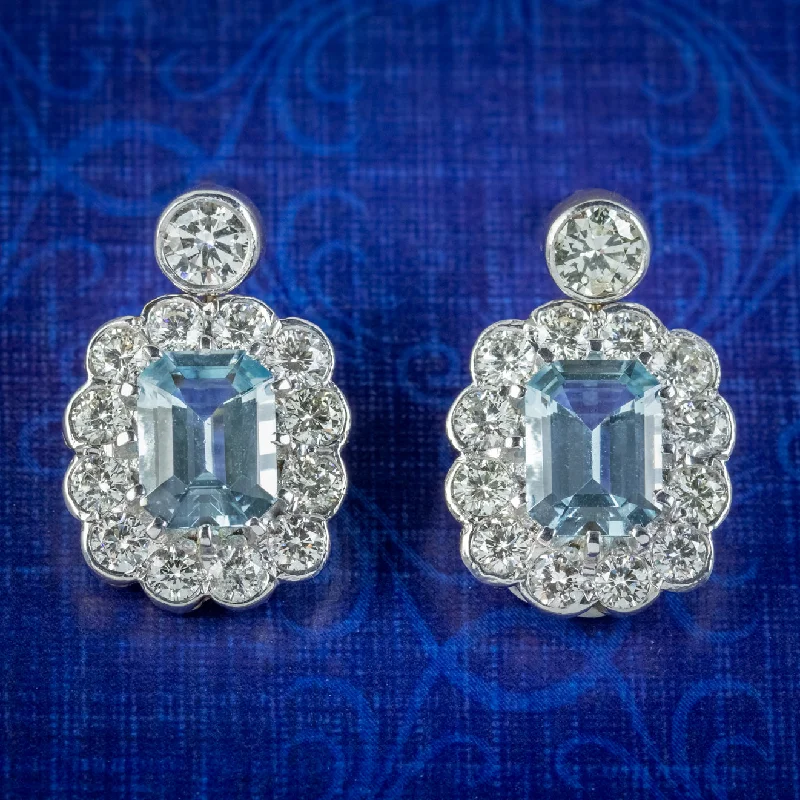 Ladies earrings for chill vibes -Edwardian Style Aquamarine Diamond Earrings 18ct Gold 2.50ct Aquas