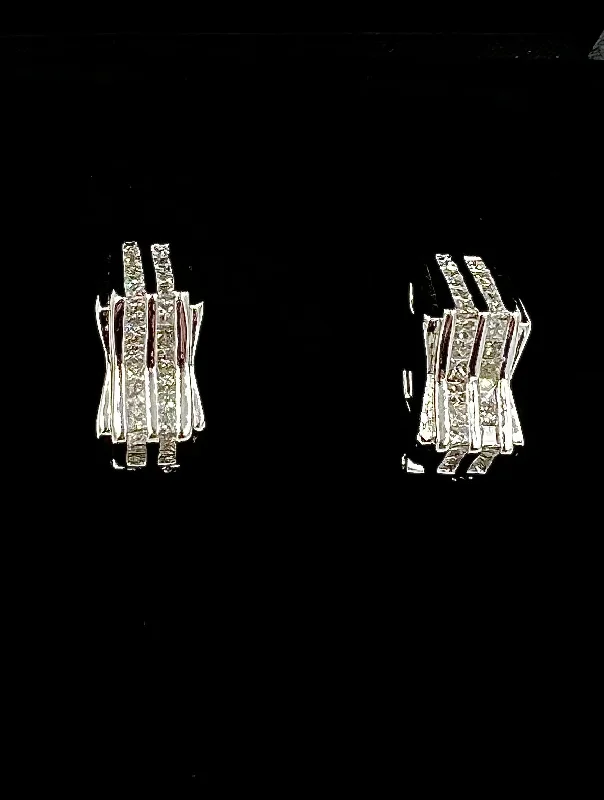 Ladies earrings for wild charm -Two Row Princess Cut Diamond White Gold Earrings