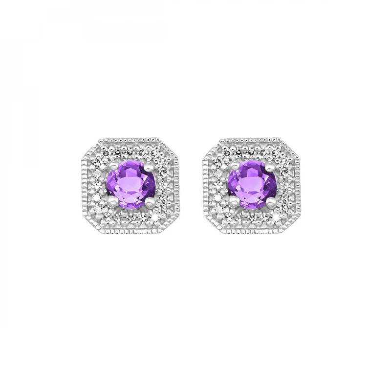 Ladies earrings for rhyme charm -Amethyst and Diamond Stud Earrings in White Gold