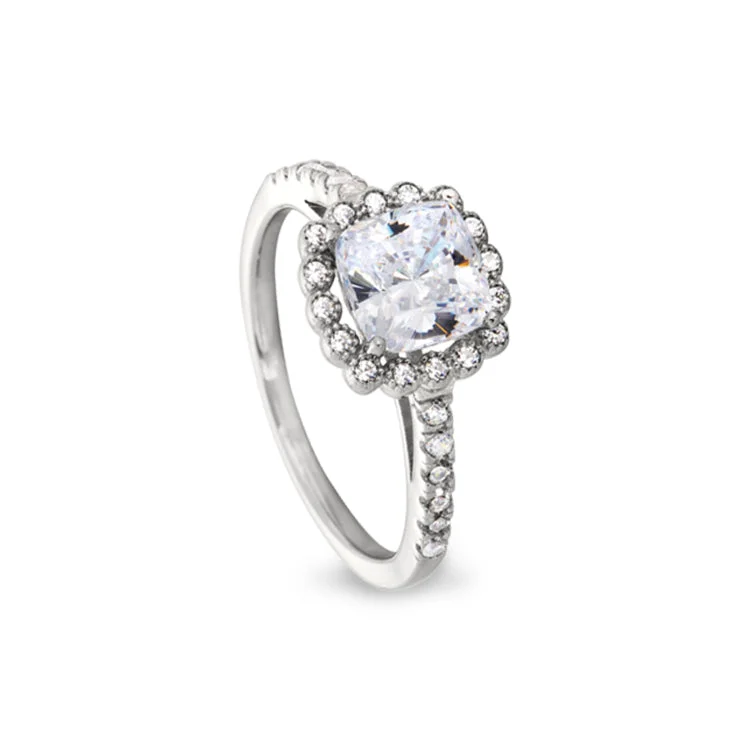 Ladies rings shining elegance -Platinum Finish Sterling Silver Cushion Cut Ring with 28 Simulated Diamonds