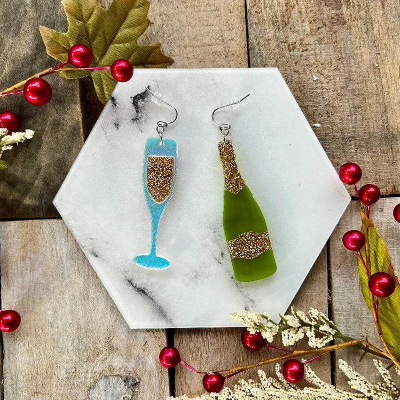 Ladies earrings with mauve opal -Champagne bottle & flute Earrings