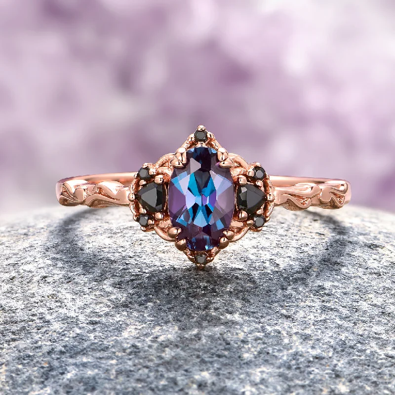 Ladies wedding rings for tea-time love -Esme Alexandrite & Black Onyx Engagement Ring- 14K Rose Gold Vermeil