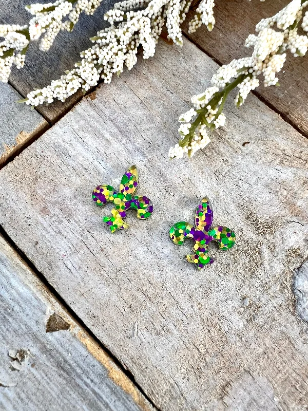 Ladies earrings for gala charm -Mardi Gras Glitter Fleur De Lis Stud Earrings