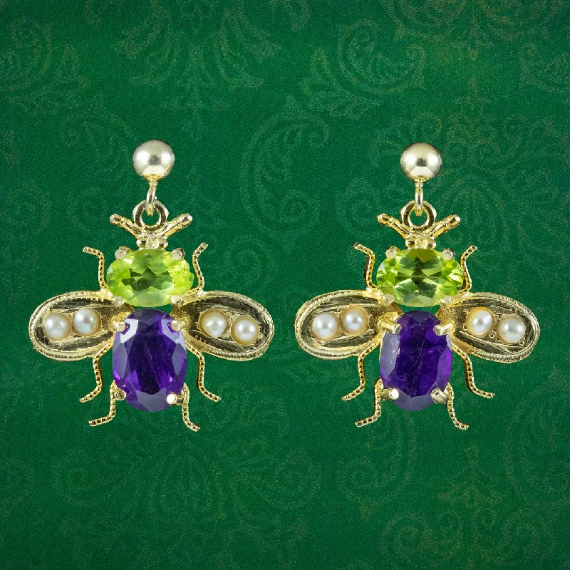 Ladies earrings modern elegance -Edwardian Suffragette Style Insect Bee Earrings Peridot Amethyst Pearls