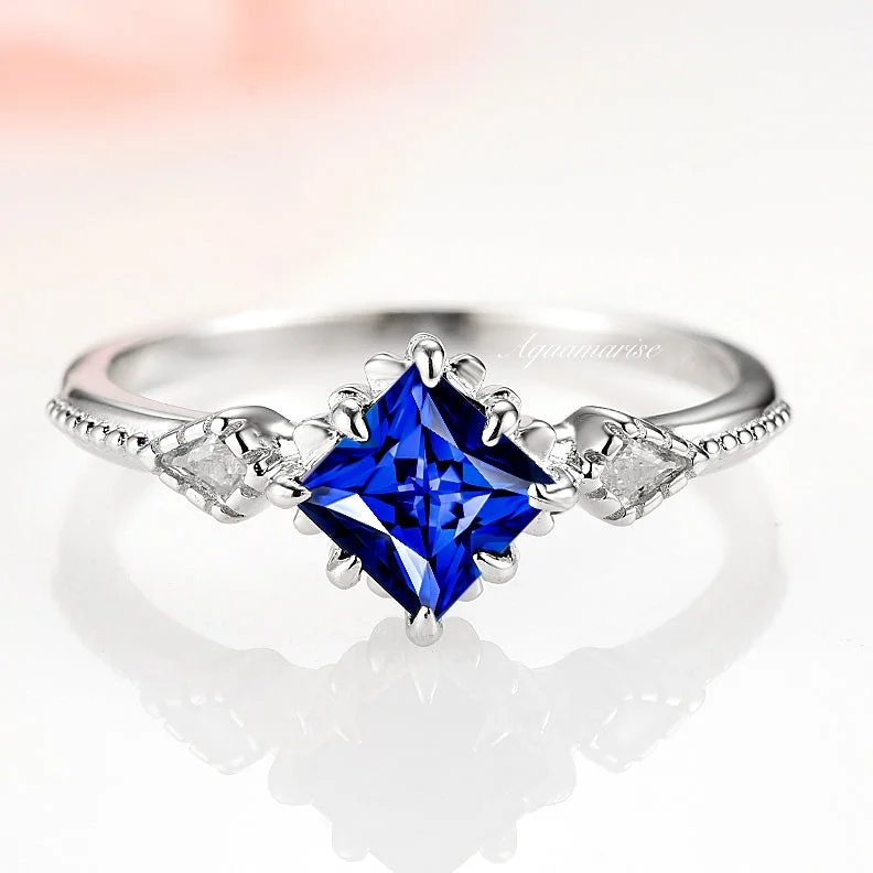 Ladies wedding rings with knot brilliance -Princess Cut Blue Sapphire Engagement Ring- 925 Sterling Silver