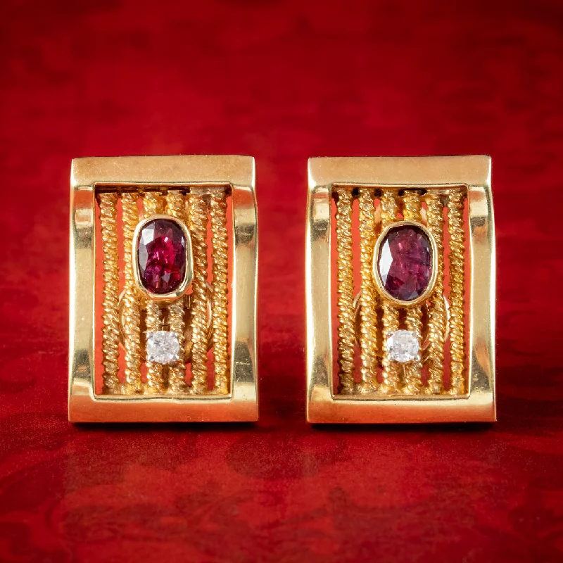 Ladies earrings for bridal radiance -Vintage Ruby Diamond Earrings 14ct Gold 1.2ct Ruby