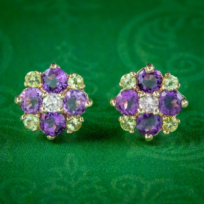 Ladies earrings for bold elegance -Edwardian Style Suffragette Stud Earrings Amethyst Peridot Diamond