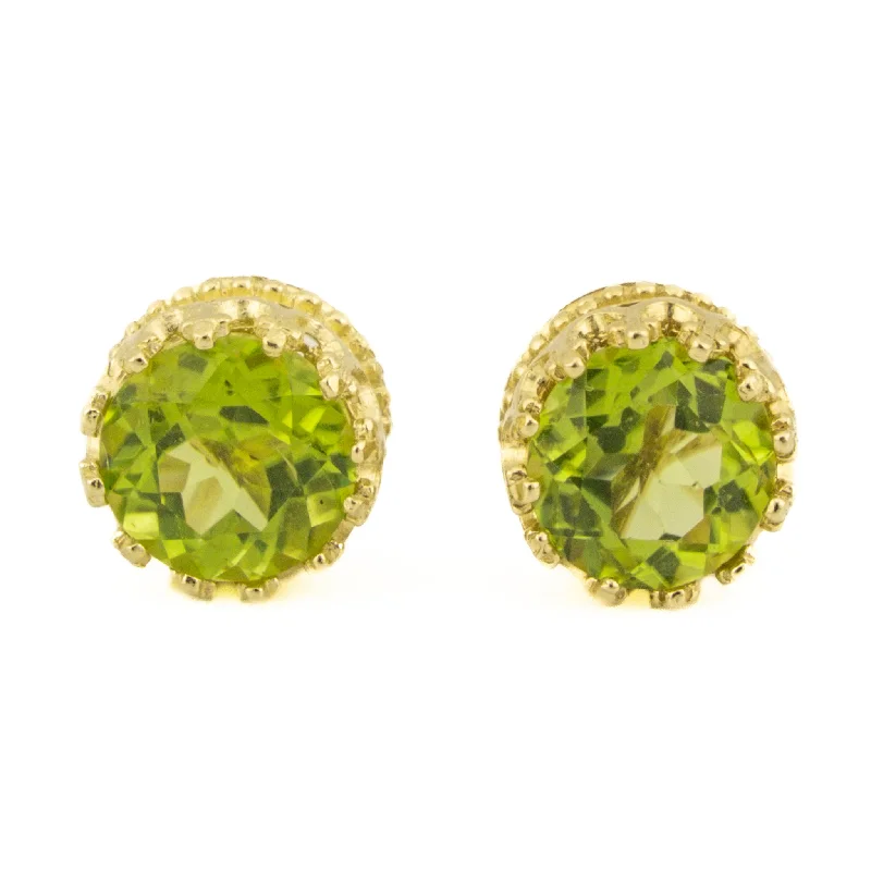 Ladies earrings polished shine -Round Peridot Solitaire Gemstone Stud Earrings in 14K Yellow Gold