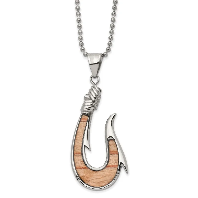 ladies-party-bar-pendant-necklaces-Stainless Steel & Wenge Wood Inlay Large Hook Necklace, 22 Inch