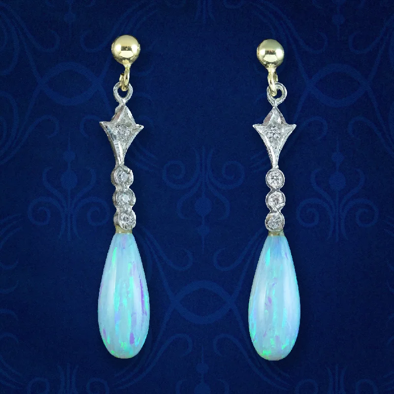 Ladies earrings fancy shine -Edwardian Style Opal CZ Drop Earrings Silver 18ct Gold Gilt