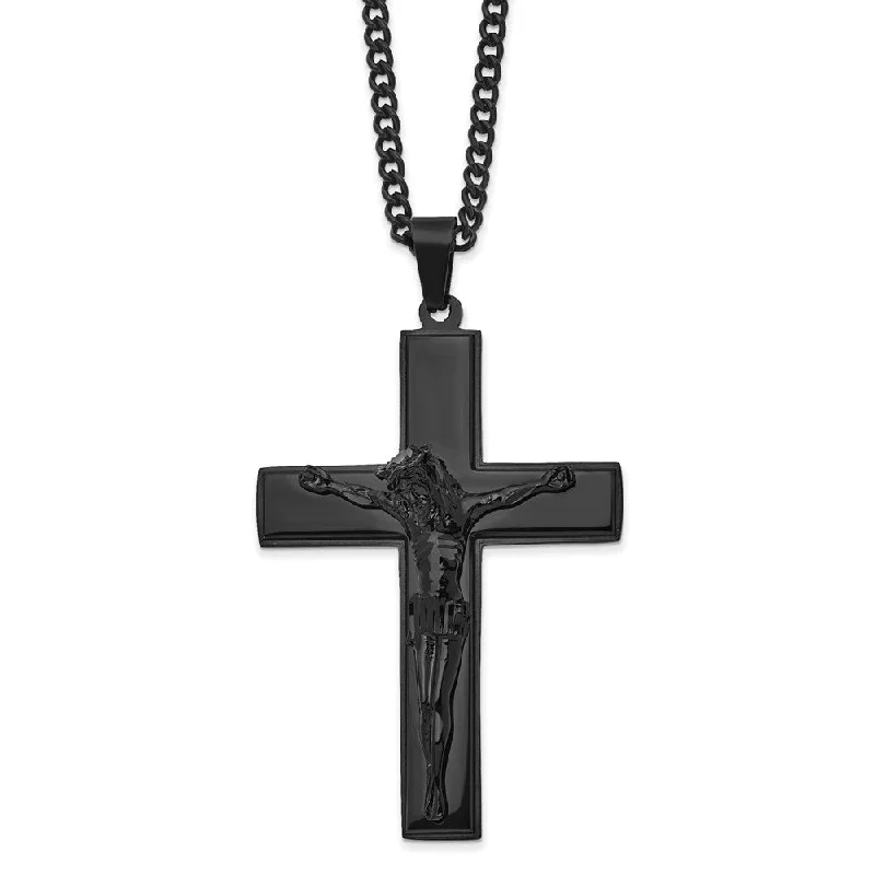 ladies-fashion-heart-locket-necklaces-Stainless Steel Black Plated LG Crucifix Necklace, 24 Inch