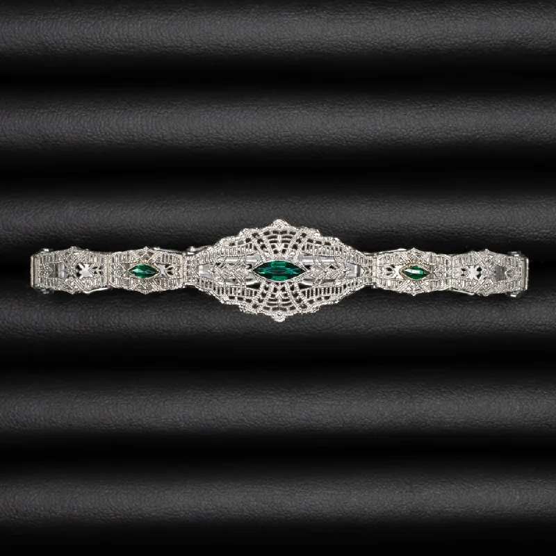 ladies-gemstone-leather-wrap-bracelets-VINTAGE EMERALD 10k WHITE GOLD BRACELET FILIGREE ART DECO GREEN ESTATE MARQUISE