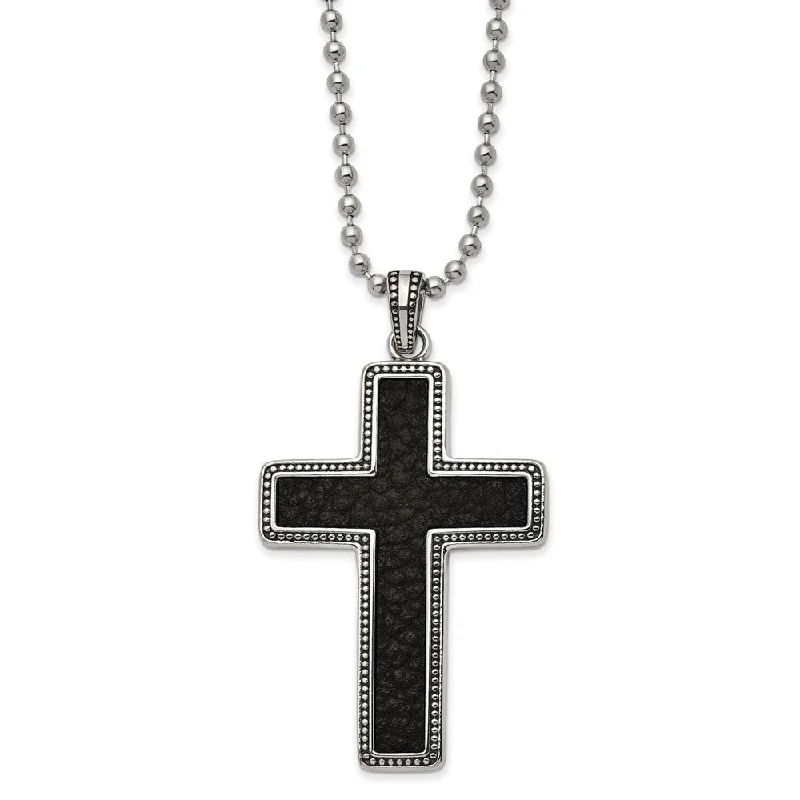 ladies-moon-box-chain-necklaces-Stainless Steel & Black Leather Large Antiqued Cross Necklace, 22 Inch