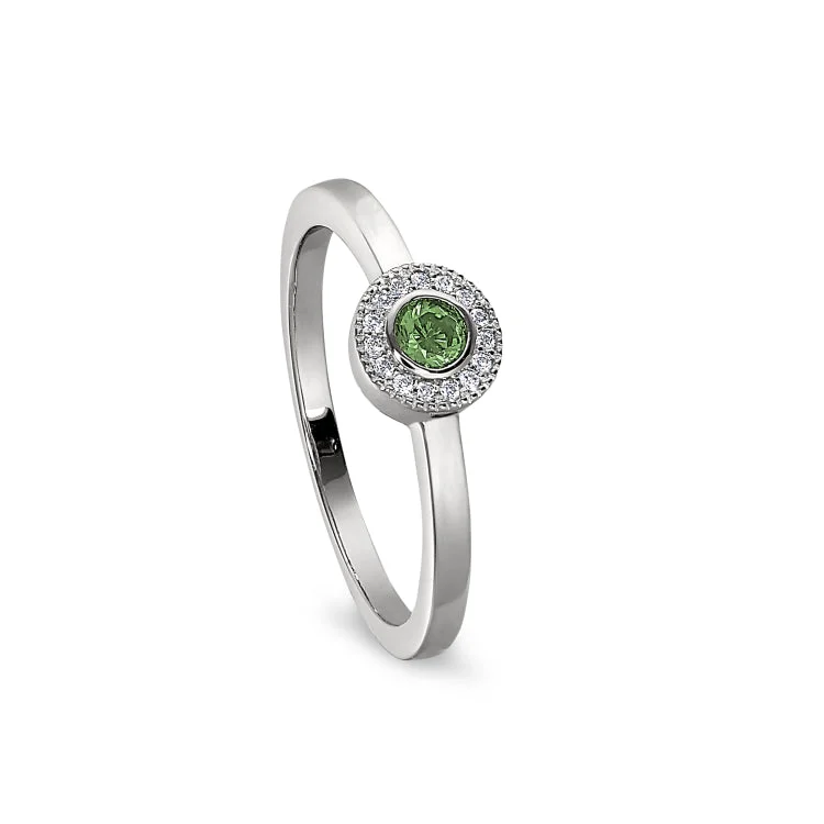 Ladies rings with claw designs -Platinum Finish Sterling Silver Micropave Round Simulated Peridot Ring with Simulated Diamonds Size 7