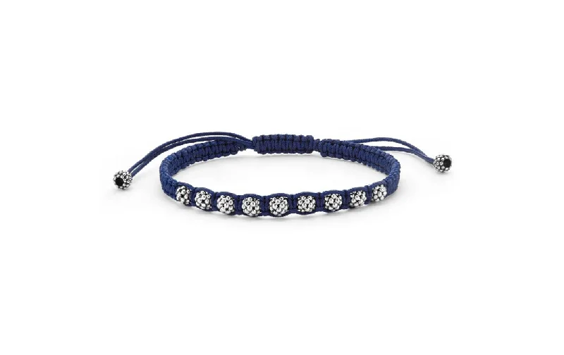 ladies-custom-wraparound-bracelets-Anthem Navy Blue Macrame Caviar Ball Rope Bracelet in Sterling Silver, Size 7