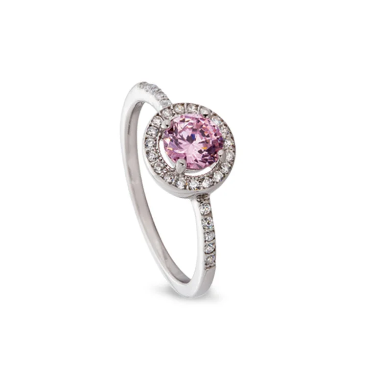 Ladies rings for party shine -Platinum Finish Sterling Silver Micropave Simulated Pink Sapphire Ring with Simulated Diamonds