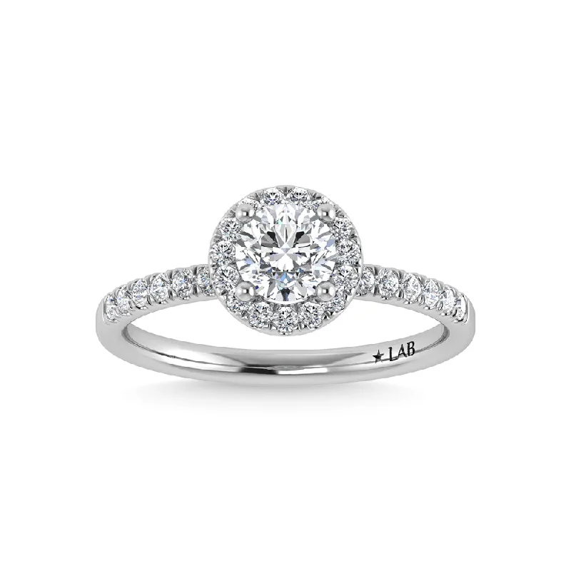 Ladies wedding rings with dew settings -14K White Gold Lab Grown Diamond  1 3/4 Ct.Tw. Shank Round Shape Halo Engagement Ring